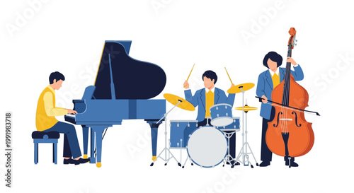 Musicians perform together as a jazz trio featuring a pianist, a drummer, and a double bass player.