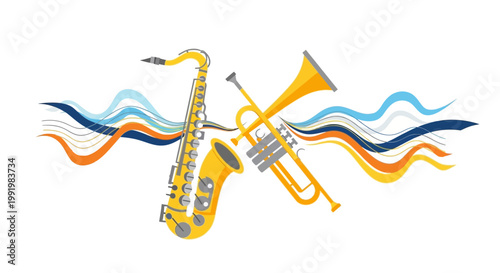 Musical instruments including a saxophone and a trumpet are arranged with flowing abstract sound waves to represent jazz music performance.