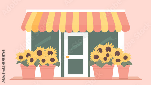 A cartoon illustration of a flower shop entrance adorned with potted sunflowers