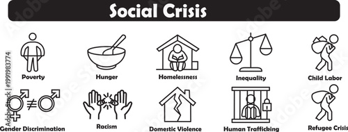 Collection of conceptual line art icons representing various social crisis issues impacting communities globally