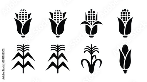 Collection of eight black corn on a white background, featuring various stylized maize cobs and corn stalks in a simple format for agricultural and food-related projects