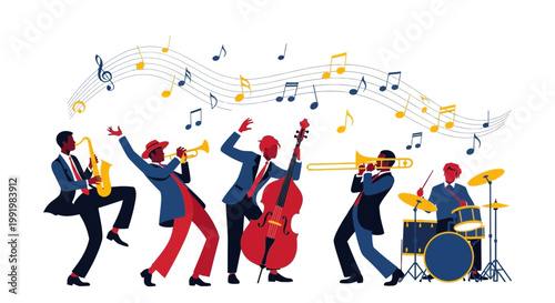 Jazz musicians play instruments in a lively band performance with musical notes floating above.