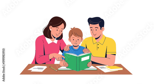 Parents helping their young child with school homework while sitting at a wooden desk together.