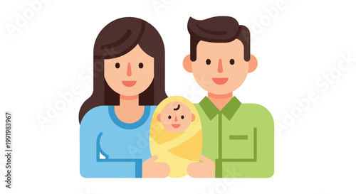 Parents hold their newborn baby wrapped in a soft blanket to signify the beginning of a new family life and the joy of parenthood in a flat design style.