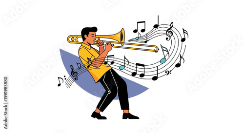 Musician plays a brass trombone with passion while musical notes swirl around him to create a vibrant artistic performance.