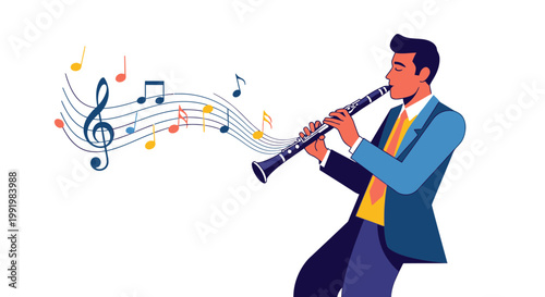 Clarinetist in a formal suit plays a melody while colorful musical notes float gracefully from the instrument in a creative display.