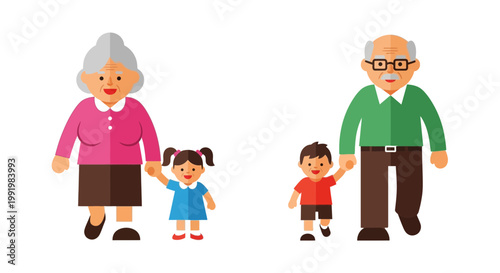 Grandparents walk hand in hand with their young grandchildren in a heartwarming display of intergenerational love and family connection.