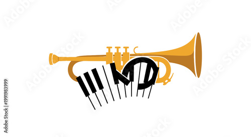Trumpet combined with piano keys creates a stylized musical emblem representing the harmonious fusion of brass and keyboard instruments in a classic jazz composition.