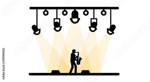 Saxophonist performs a solo jazz concert under bright stage lights that illuminate the musician on a dark background to create a dramatic atmosphere.