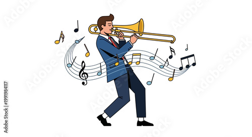 Musician plays a brass trombone with enthusiasm while surrounded by swirling musical notes that capture the energetic spirit of a live jazz performance.
