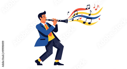 Musician playing a clarinet creates a vibrant flow of colorful musical notes that represent the joy of artistic expression and creative performance in a modern flat design style.