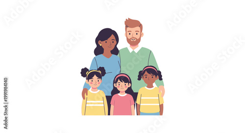 Family portrait shows diverse parents standing with their three young daughters in a loving and unified domestic arrangement.