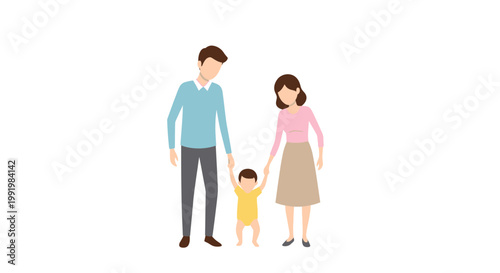 Parents hold their young toddler child by the hands to help the baby take its first steps in a warm and supportive family moment.