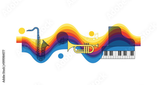 Musical instruments including a saxophone, trumpet, and piano are integrated into a colorful wave design to symbolize harmony and rhythm.