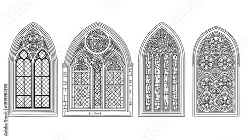 Historical gothic and renaissance style stained glass window designs from medieval architecture