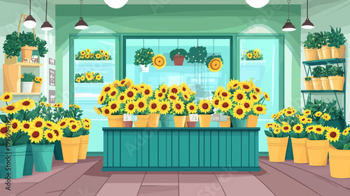 A vibrant flower shop interior with an abundance of sunflowers in pots, creating a cheerful display
