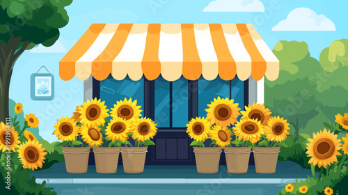 Illustration of a flower shop adorned with blooming sunflowers, under a striped awning, on a sunny day