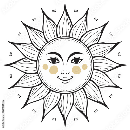 Whimsical hand drawn sun face with radiating petals and rosy cheeks symbolizing warmth and positivity