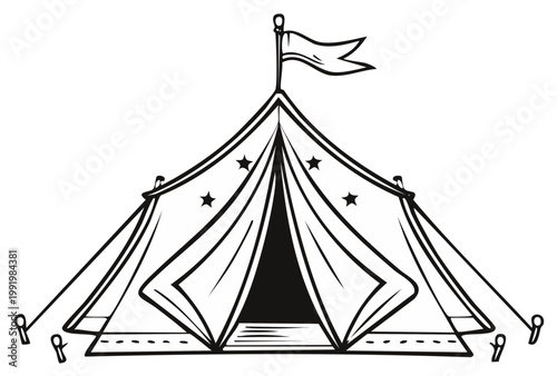Black and white circus tent illustration with flag and stars