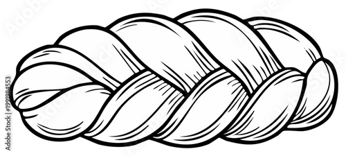 Illustration of a Braided loaf or bread in black and white, Detailed hand-drawn braid