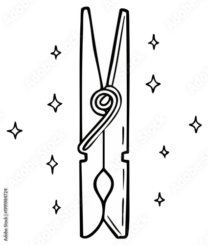 Illustration of a wooden clothes peg with sparkling stars, black and white