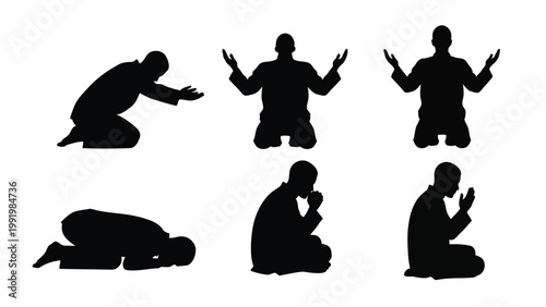Silhouettes of people performing various prayer and worship poses.