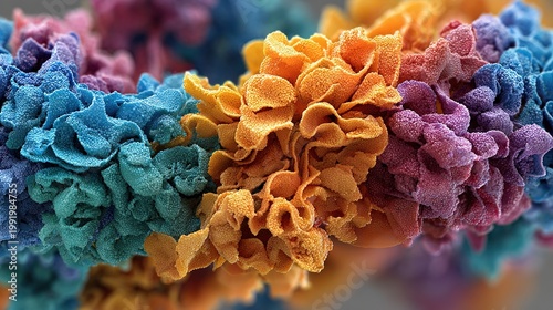 3D folded structure of protein, color-coded regions, scientific microscopic schematic