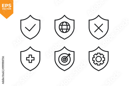 Set of line icons related to Shield, Protection, Security. Vector illustration.