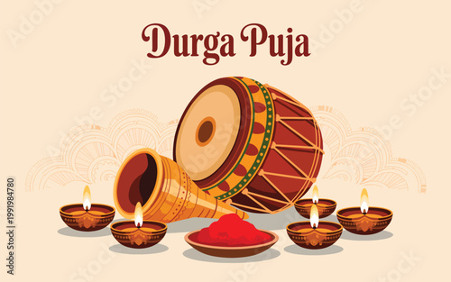 Durga Puja greeting with traditional dhak drum, golden conch shell, lit clay diyas, and red powder