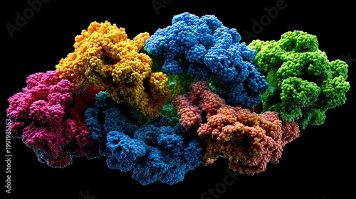 3D folded structure of protein, color-coded regions, scientific microscopic schematic