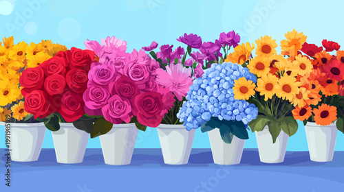 A vibrant illustration showcasing an array of colorful blooms in white pots, set against a blue background