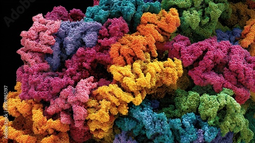 3D folded structure of protein, color-coded regions, scientific microscopic schematic