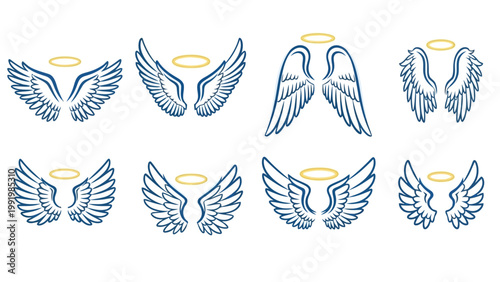 Collection of elegant angel wings illustrations in varying styles and orientations