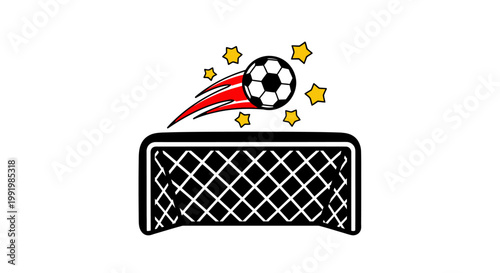 Soccer ball flying into goal net.