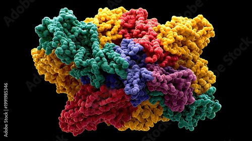3D folded structure of protein, color-coded regions, scientific microscopic schematic