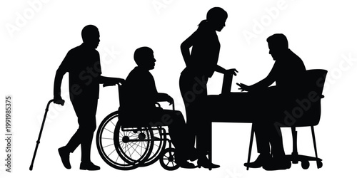 Accessibility consultation silhouette illustration, healthcare meeting artwork, mobility aid vector, inclusive social composition, disability support design illustration