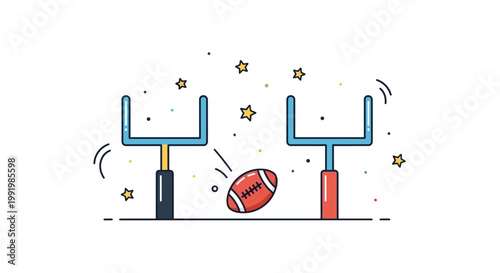 American football goalposts with flying ball.