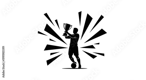 Soccer player celebrating with trophy.