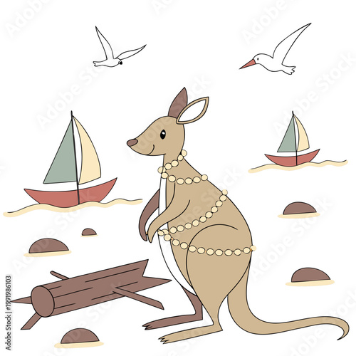 Cute SVG of a Funny Kangaroo in Ocean Breeze colors, featuring wrapped in fairy lights in a Beach day setting