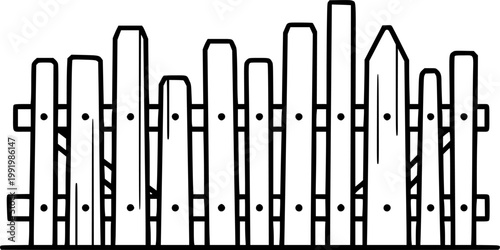 Wooden garden boundary and yard barrier symbol for outdoor property security and rural farm construction featuring a simple black line art plank fence pictogram – Black Vector Illustration