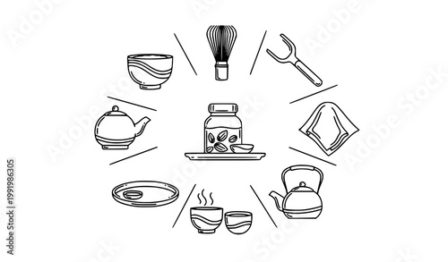 Monoline Japanese tea ceremony icon set in circular layout with matcha and traditional tea tools vector collection isolated on white