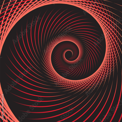 Dynamic abstract spiral pattern in red and orange tones on black background, ideal for digital art, backgrounds, or sci-fi themes.