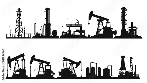 Black silhouettes of oil industry equipment including drilling rigs, pumpjacks, and refinery structures. Ideal for energy, industrial, and petroleum-themed designs