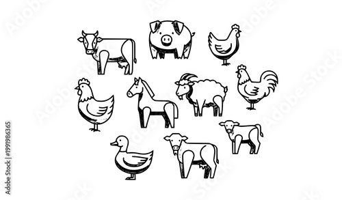Monoline farm animal icon collection in circular layout with livestock silhouettes vector set isolated on white