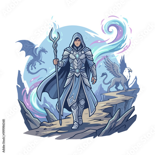 Stylized illustration of a hooded mage in armor holding a staff, surrounded by magical swirls, a dragon silhouette, and a griffin on a mountain path. Perfect for fantasy themes and gaming visuals