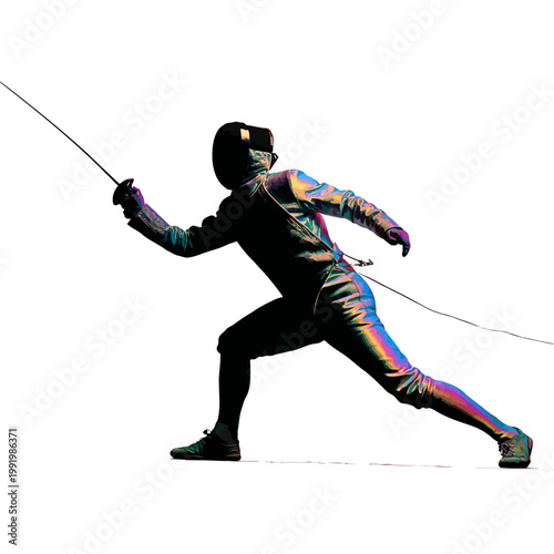 Fencer in dynamic motion with sword.