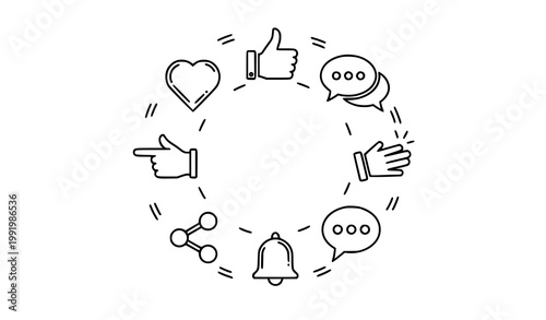 Monoline social engagement icon set in circular layout with likes hearts speech bubbles and hand gesture symbols vector collection isolated on white