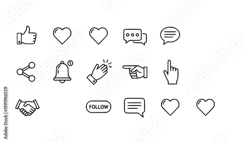 Social media interaction line icon set with likes hearts speech bubbles and hand gestures minimal vector collection isolated on white