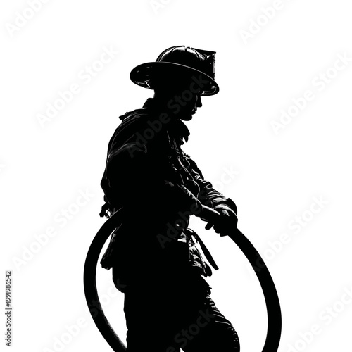 Firefighter in action with hose silhouette.