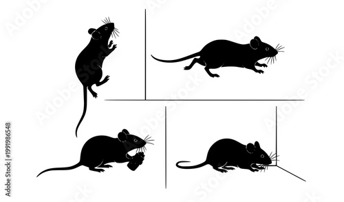 Black mouse silhouette four panel action set with movement poses animal vector collection isolated on white